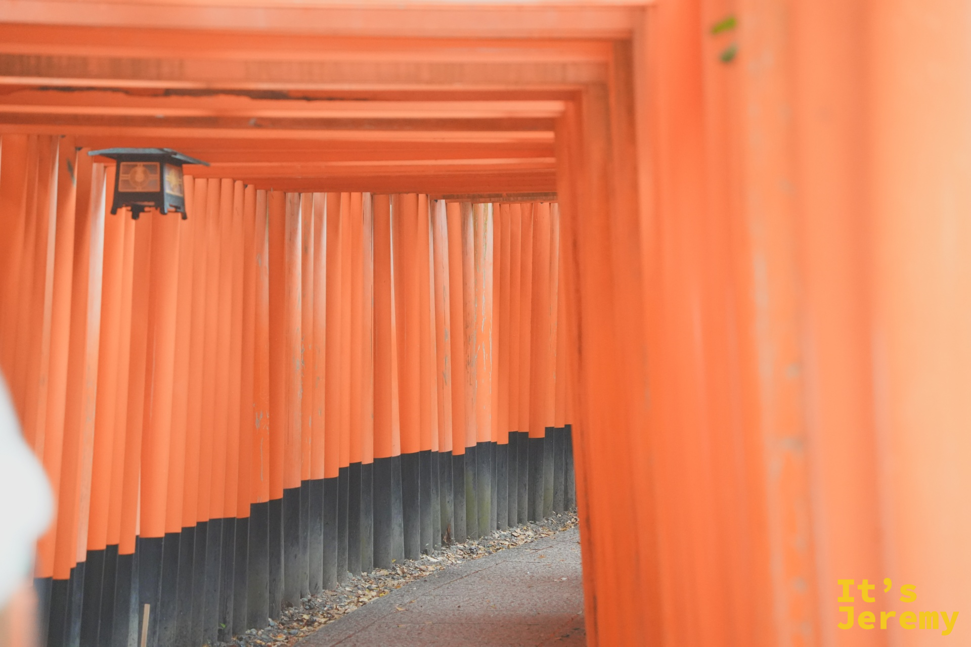 千本鳥居深處，人潮稍退，朱紅色的重複感延伸到視線盡頭